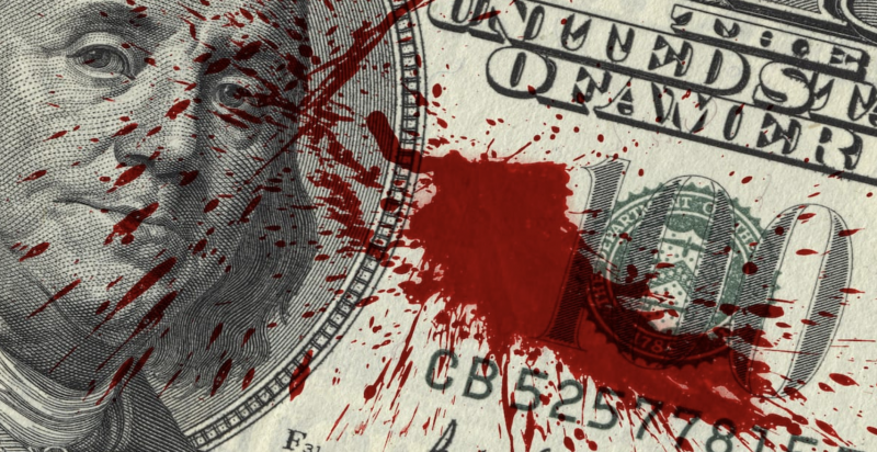 America out loud article thumbnail depicting blood splatter on a 100 dollar bill