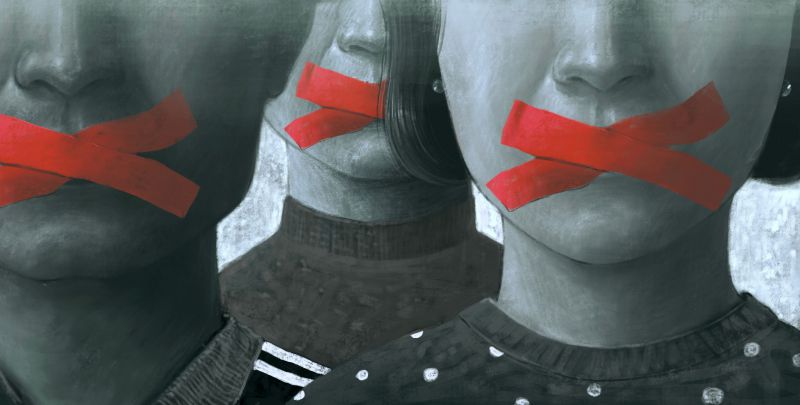 Image of People with red tape in an x over their mouths 