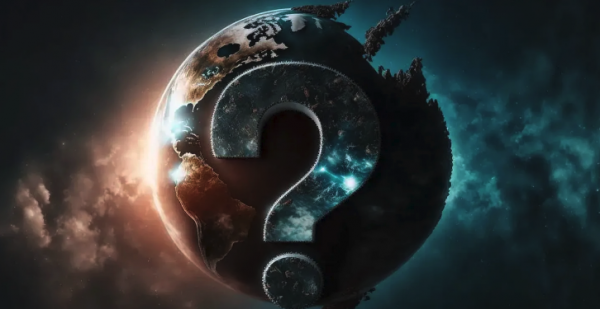 Question mark over a graphic of the earth breaking apart