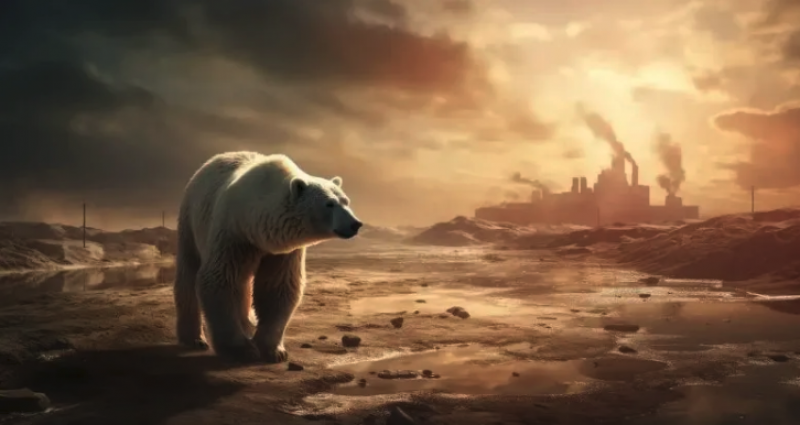 Polar bear walking in post-apocalyptic world with factory in background