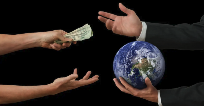 2 people depicted exchanging dollars for the world 
