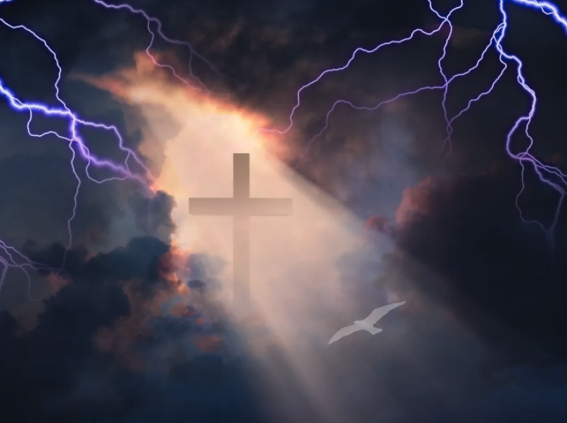 Clouds and lightning parting to show cross and dove