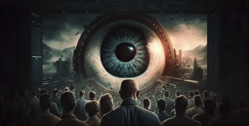Image depicting people gathered looking at an all seeing eye