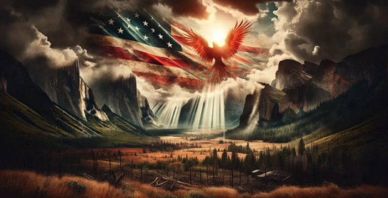 Patriotic image of valley with American flag and eagle in the sky