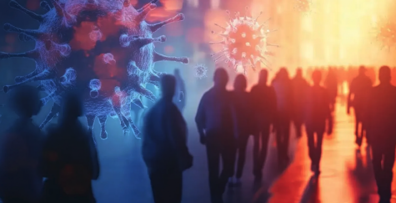Blurred out people walking toward a light with image depicting the COVID virus floating