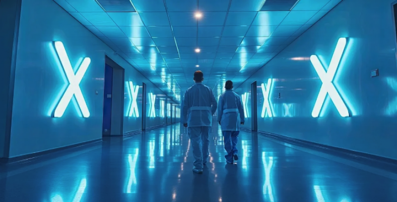 Image of 2 people walking down the hall with lit X signs on the walls