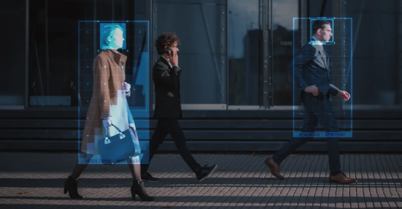 People walking down street with digital tracking depiction